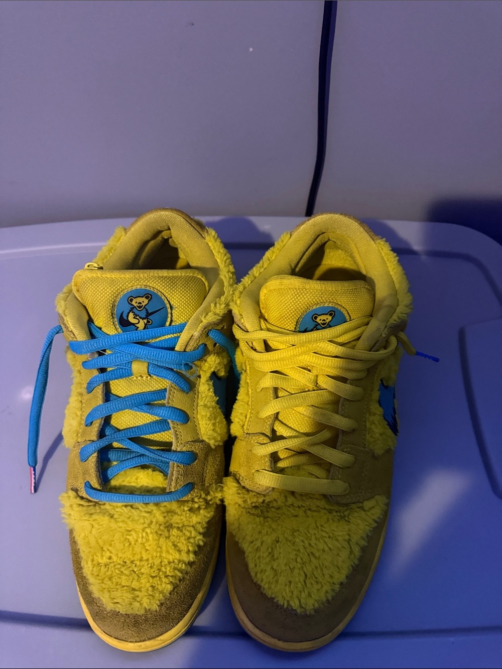 Nike Kids Yellow Fuzzy Sneakers with Blue Lace Accent
